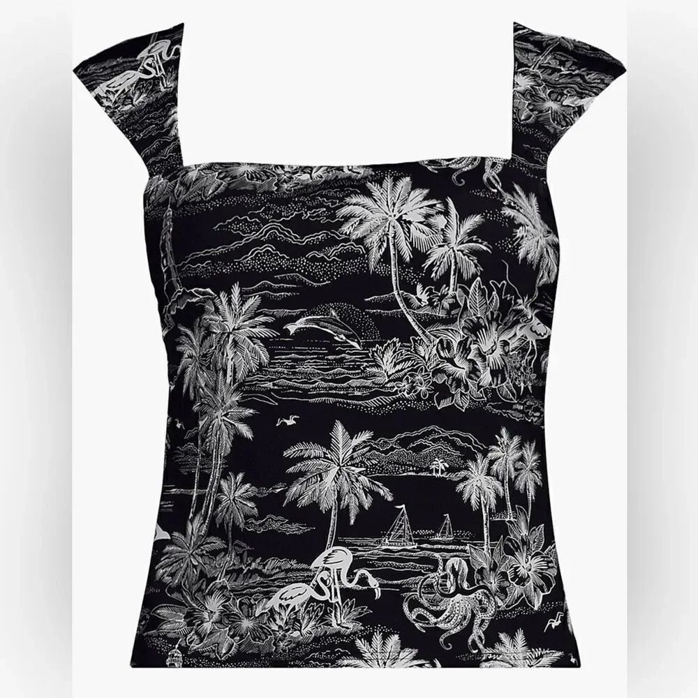 Land's End Plus Size Square Neck Back underwire tankini Black tropical scene Var
